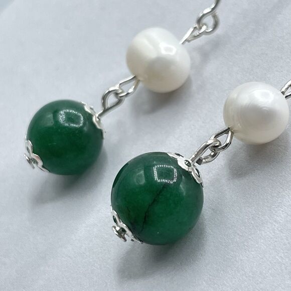 925 Sterling Silver Genuine Emerald Green Gemstone Pearl Dangle Hoop Earrings - Picture 7 of 10